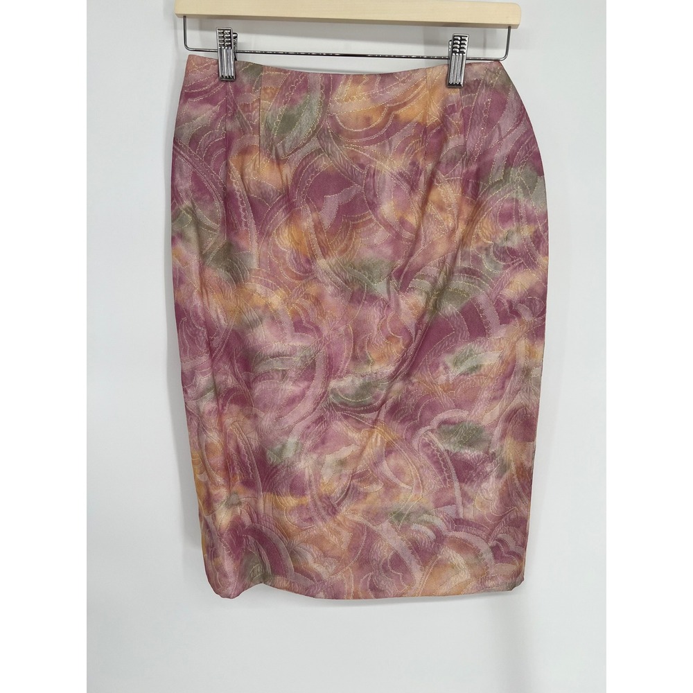 Vintage Mauve Pink Gold Metallic Abstract Swirl Pencil Skirt Size 4 Made in USA